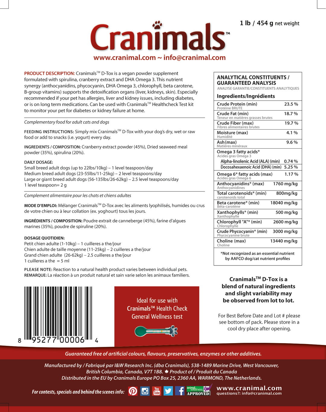 Cranimals™ D-Tox - Spirulina Multivitamin with Vegan DHA Omega-3 Pet Supplement 120g /4.2oz bag