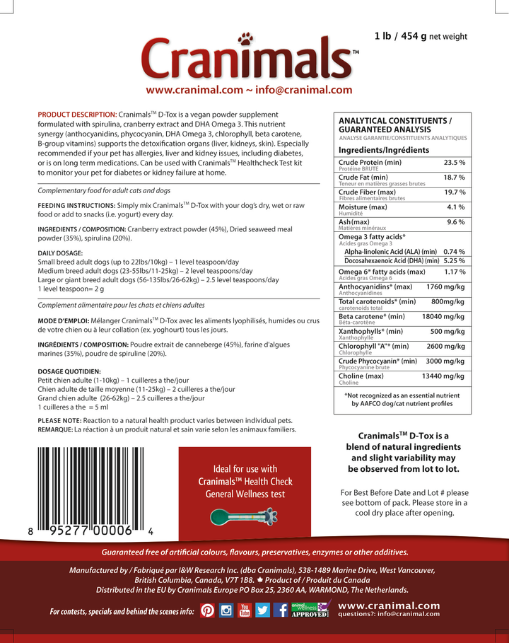 Cranimals™ D-Tox - Spirulina Multivitamin with Vegan DHA Omega-3 Pet Supplement 120g /4.2oz bag