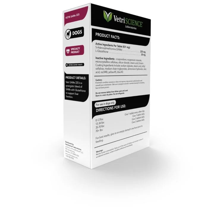 VetriScience® - Vetri SAMe 225 - Liver support with SAMe and Glutathione for Medium & Large Dogs (225mg, 30 tabs/box)