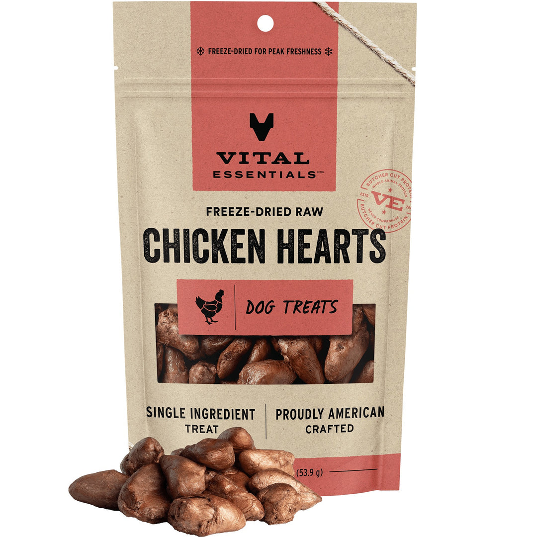 Vital Essentials Freeze-Dried Raw Chicken Hearts Dog Treat (2 sizes) - low fat, premium single ingredient muscle meat treat