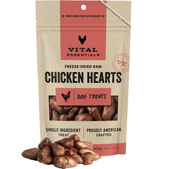 Vital Essentials Freeze-Dried Raw Chicken Hearts Dog Treat (2 sizes) - low fat, premium single ingredient muscle meat treat