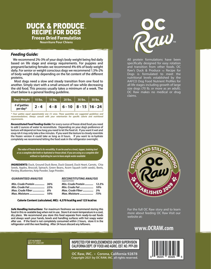 OC Raw - Freeze Dried Raw - Duck & Produce Sliders (14 oz - 396g)