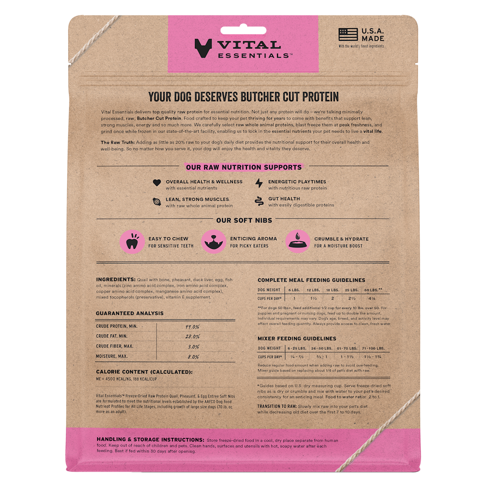 Vital Essentials Freeze-Dried Raw Quail, Pheasant, Egg Entree & Mixer Dog Food Soft Nibs, 14 oz