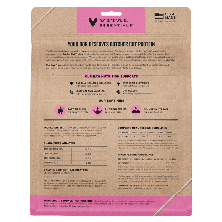 Vital Essentials Freeze-Dried Raw Quail, Pheasant, Egg Entree & Mixer Dog Food Soft Nibs, 14 oz