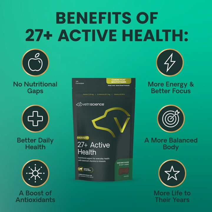 [NEW LOOK!] VetriScience 27+ Active Health for Dogs, 30 chews (previously known as Canine Plus™ Multivitamin)