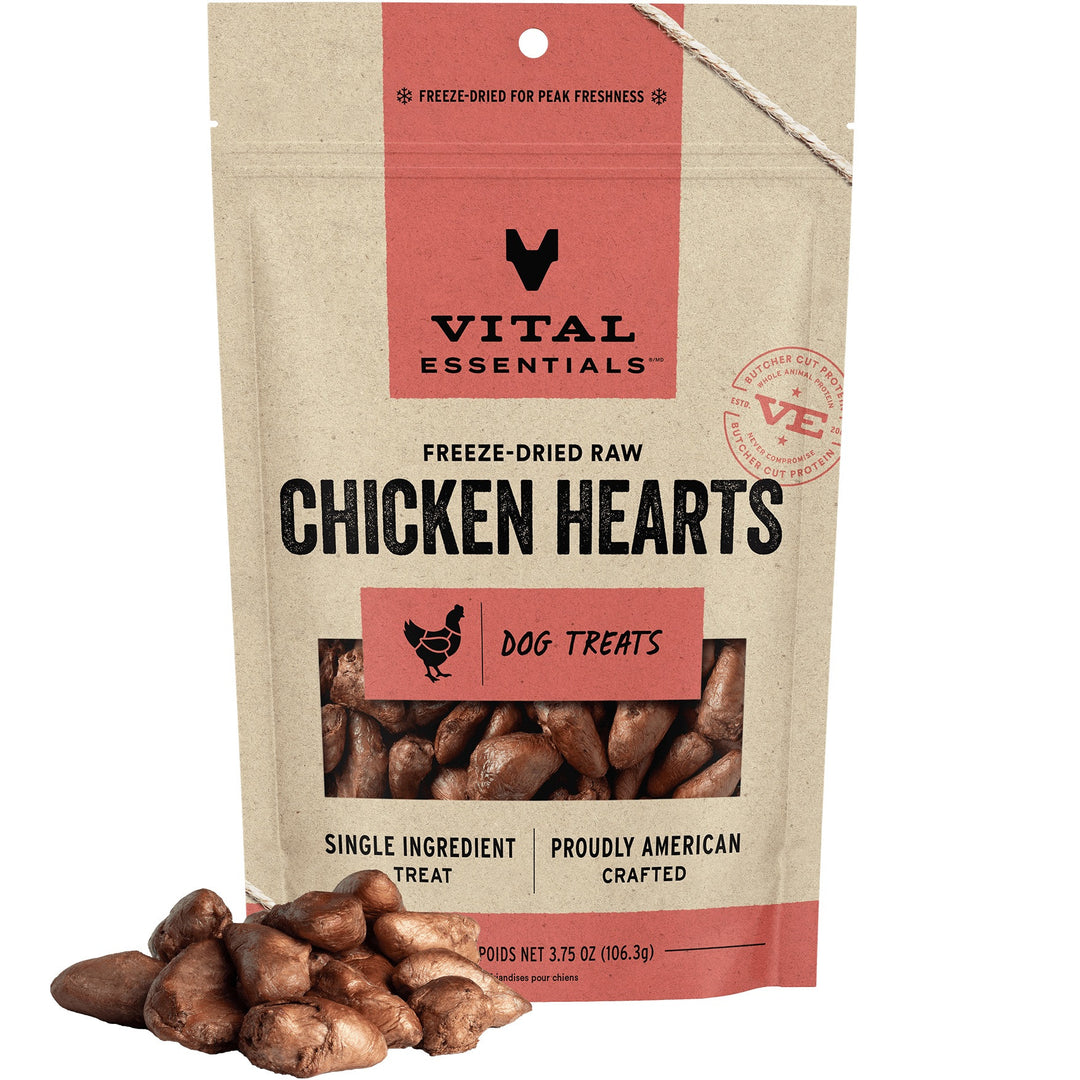 Vital Essentials Freeze-Dried Raw Chicken Hearts Dog Treat (2 sizes) - low fat, premium single ingredient muscle meat treat