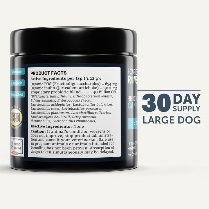 Four Leaf Rover BIFIDO FOR FIDO for Dogs (48.3g). 13 Strain Probiotics Blend With Organic Prebiotics