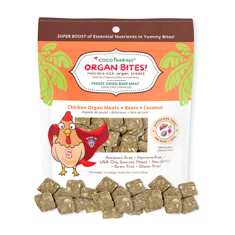 CocoTherapy® Organ Bites! Chicken Organs + Beets + Coconut (85g) - Raw Organ Meat Treat for dogs and cats