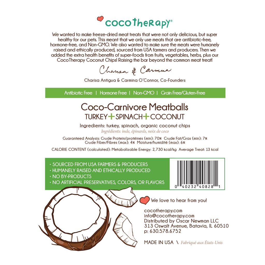 CocoTherapy® Coco-Carnivore Meatballs (70g) – Turkey + Spinach + Coconut - Meat Treats for dogs and cats