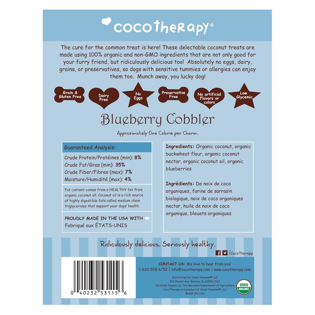 CocoTherapy® Coco-Charms Training Treats Blueberry Cobbler (141g) - Organic Training Treat for dogs