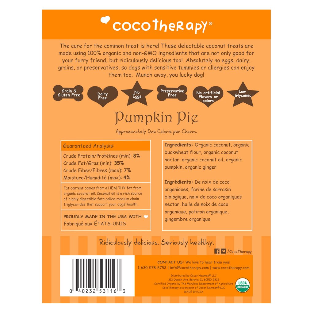 CocoTherapy® Coco-Charms Training Treats Pumpkin Pie (141g)- Organic Training Treat for dogs