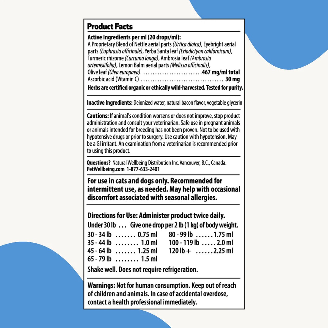 Pet Wellbeing - Nettle-Eyebright Gold - Allergy Defense for Cats & Dogs with Seasonal Sneezing or Stuffy Nose (2oz / 59ml)