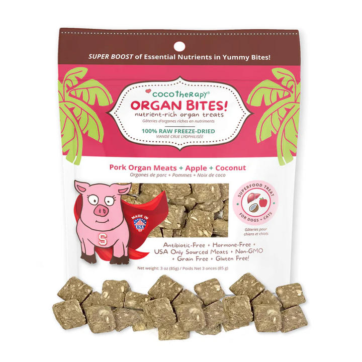 CocoTherapy® Organ Bites! Pork Organs + Apples + Coconut (85g) - Raw Organ Meat Treat for dogs and cats