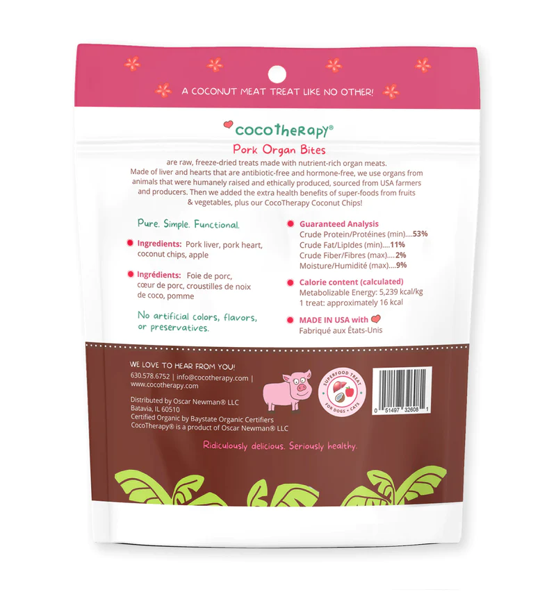 CocoTherapy® Organ Bites! Pork Organs + Apples + Coconut (85g) - Raw Organ Meat Treat for dogs and cats