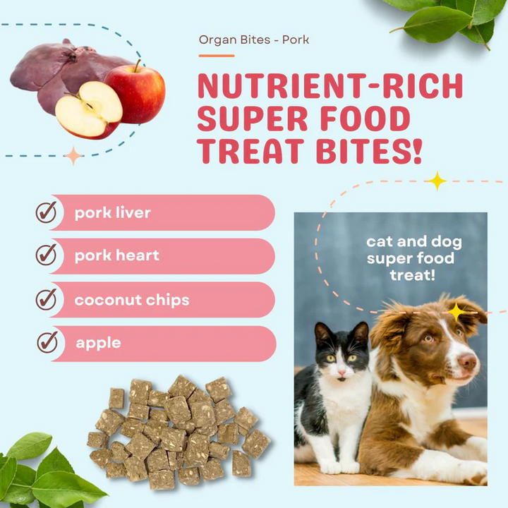 CocoTherapy® Organ Bites! Pork Organs + Apples + Coconut (85g) - Raw Organ Meat Treat for dogs and cats