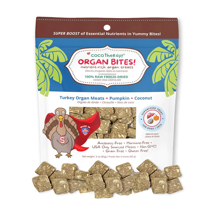 CocoTherapy® Organ Bites! Turkey Organs + Pumpkin + Coconut (85g) - Raw Organ Meat Treat for dogs and cats