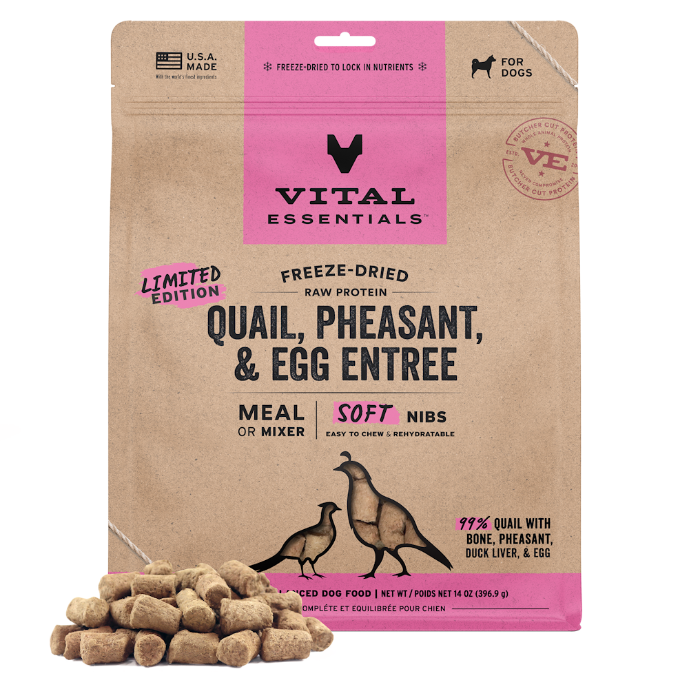 Vital Essentials Freeze-Dried Raw Quail, Pheasant, Egg Entree & Mixer Dog Food Soft Nibs, 14 oz
