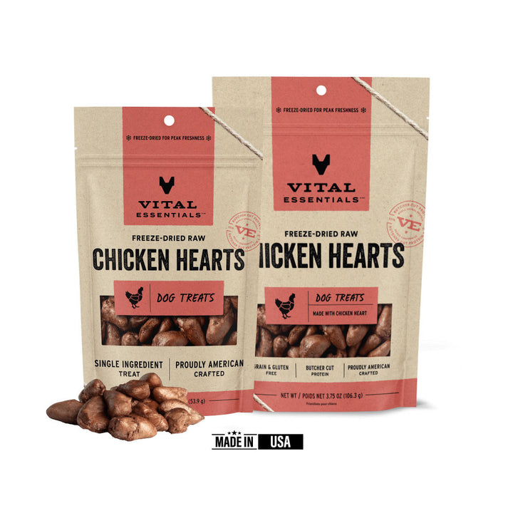 Vital Essentials Freeze-Dried Raw Chicken Hearts Dog Treat (2 sizes) - low fat, premium single ingredient muscle meat treat